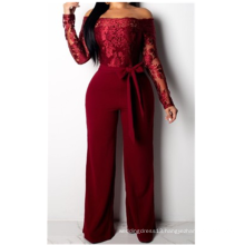 Sexy Slash Neck Belt Party Blue Lace Embroidery Lady Wide Leg Jumpsuit